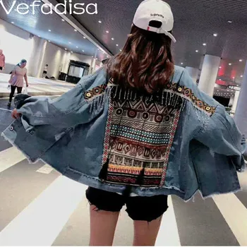 

Vefadisa Autumn Woman Geometric Pattern Embroidery Coat Sequins Tassel Cowboy Coat Turn-down Collar Loose Coat 2019 QYF096