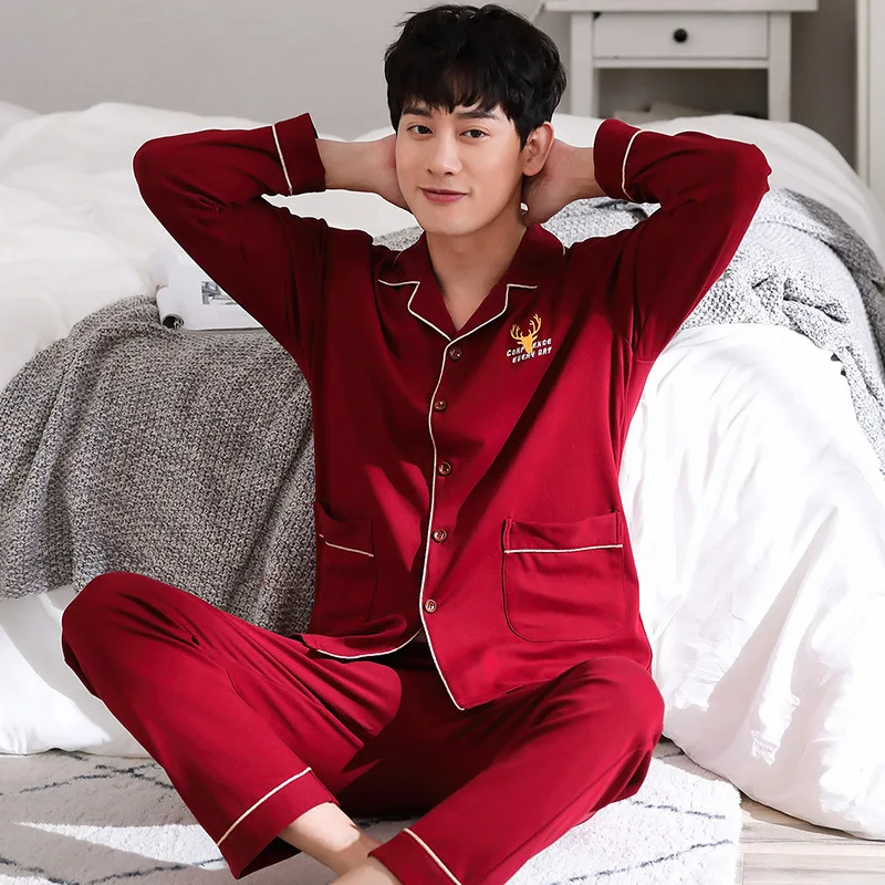 

Pajamas Men Spring And Autumn New Style Red Year of Fate Pure Cotton Tight Race Fold-down Collar Tracksuit Autumn And Winter Men