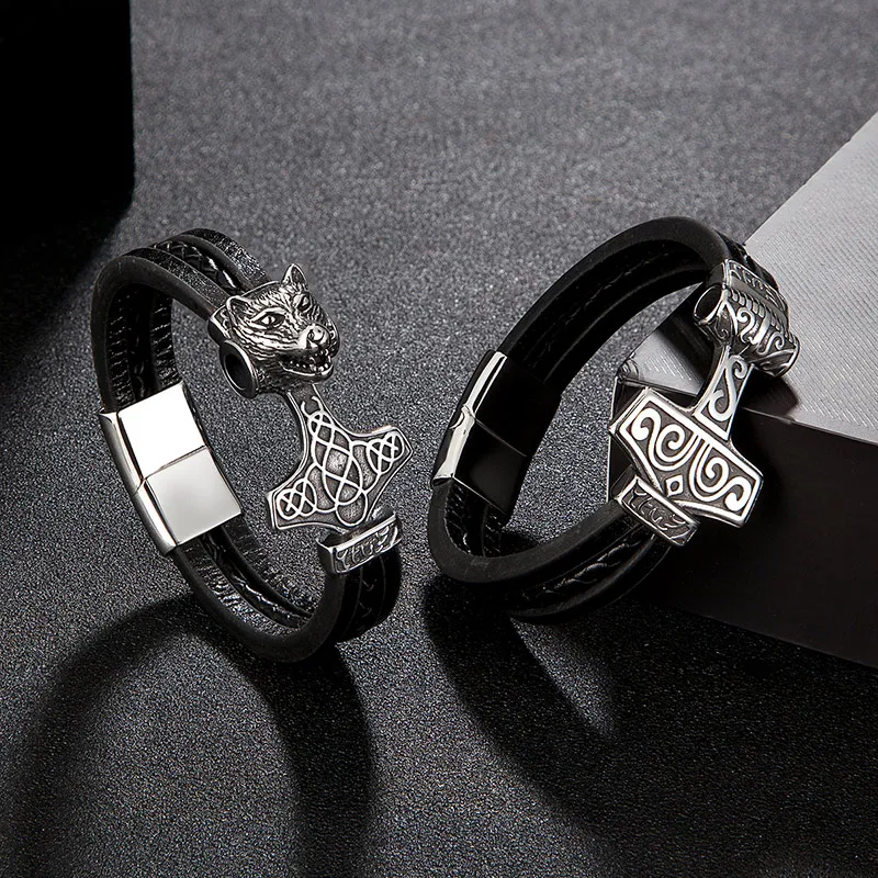 

Men Stainless Steel Viking Bracelet Wolf Vintage Jewelry Retro Punk Rock Style Motorcycle Accessories Magnet Clasp Leather Gifts