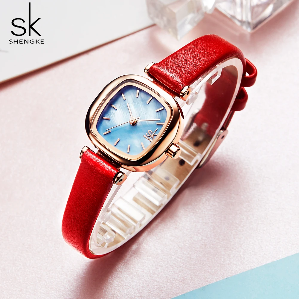 Shengke, повседневные женские часы, красная кожа, корпус, квадратный циферблат, кварцевые женские часы, наручные часы, Relogio Feminino Bayan Kol Saati, подарок