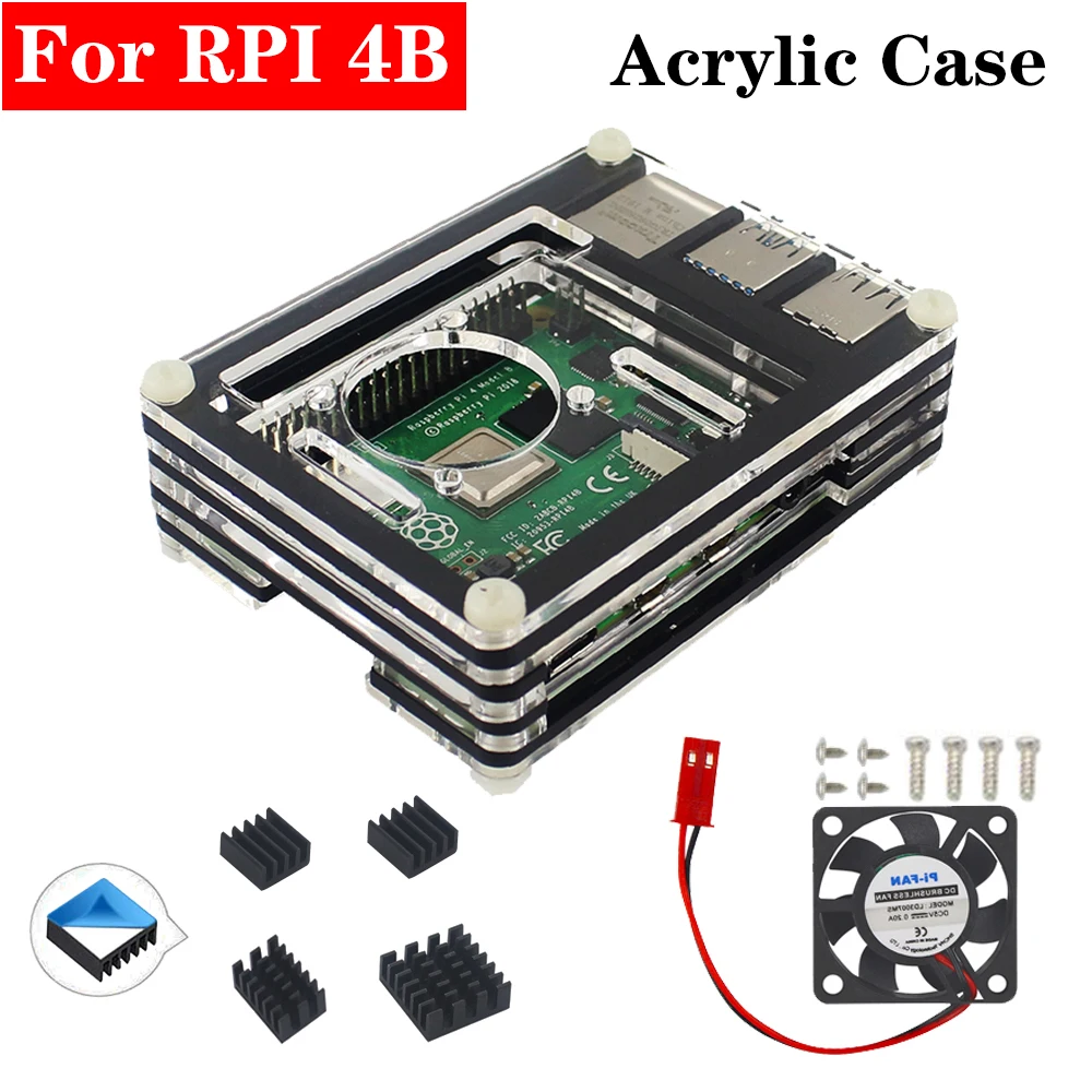 

For Raspberry Pi 4 Acrylic Case Black Transparent Box Enclosure + Cooling Fan Aluminum Heat Sink for Raspberry Pi 4 Model B 4B