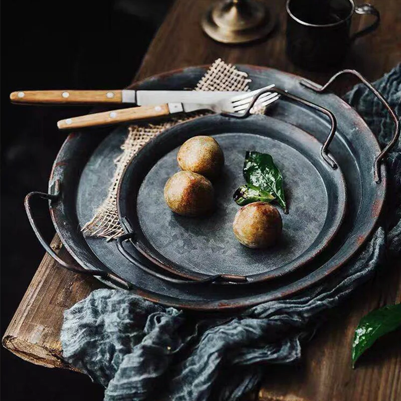Metal-Plate Handle Storage Bread-Tray Home-Decoration Round Retro Vintage Restaurant