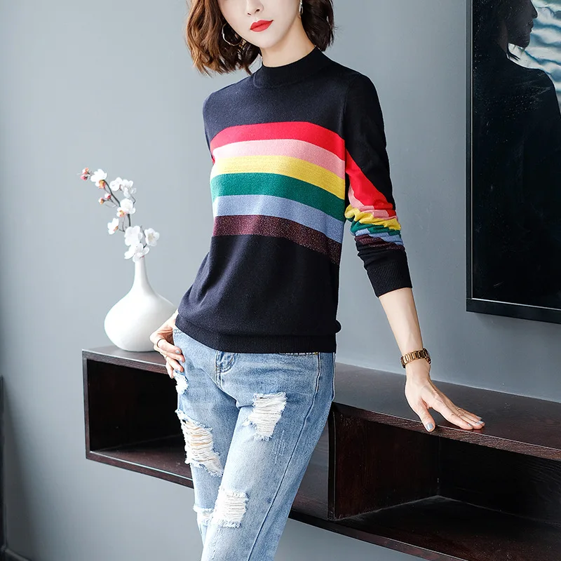 Black Autumn Women Christmas Sweater O-neck Rainbow Stripes Loose Pullovers Korean Chic Knitted Jumpers Harajuku Winter Clothes - Color: Black