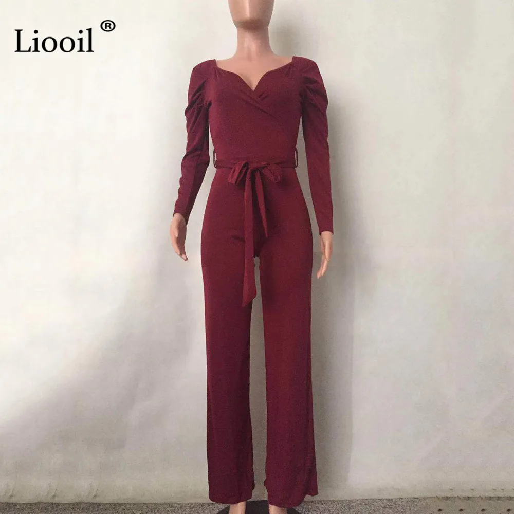 Liooil, сексуальный комбинезон на шнуровке для женщин,, длинный рукав, глубокий v-образный вырез, пояс, красные, синие, вечерние комбинезоны, женский комбинезон, Клубные Комбинезоны