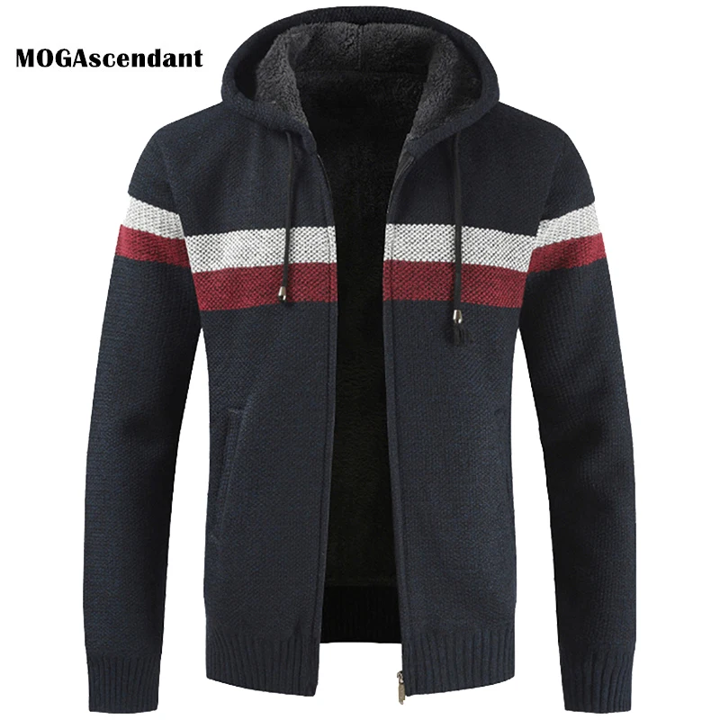 Men's Winter Fleece Sweater Coat 2020 Spring Autumn Male Hooded Stripe Outwearcoat Thick Zipper Wool Sweater Cardigan Jumpers Men's Winter Fleece Sweater Coat 2020 Spring Autumn Male Hooded Stripe Outwearcoat Thick Zipper Wool Sweater Cardigan Jumpers