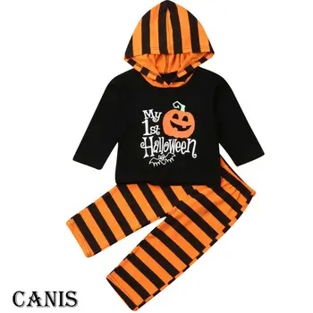 

Pudcoco Halloween Newborn Baby Girl Boy Pumpkin Hooded Tops Striped Long Pants Cotton Outfits Clothes Set