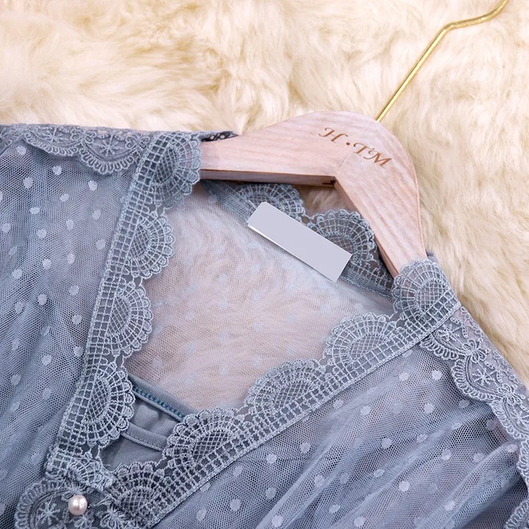 V-neck Gauze Bubble Sleeve Buttons Mesh Lace A-line Dress