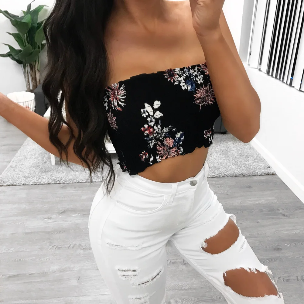 Top corto con estilo a la moda de verano para mujer, Tops con hombros descubiertos, Tops de tubo elásticos estampado de sujetador, blusa sin tirantes, Top corto y ajustado - AliExpress
