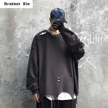 

Autumn New Hole Hoodies Men Fashion Casual O-neck Pullover Man Streetwear Wild Hip Hop Loose Sweatshirt Male Hoodie M-XL