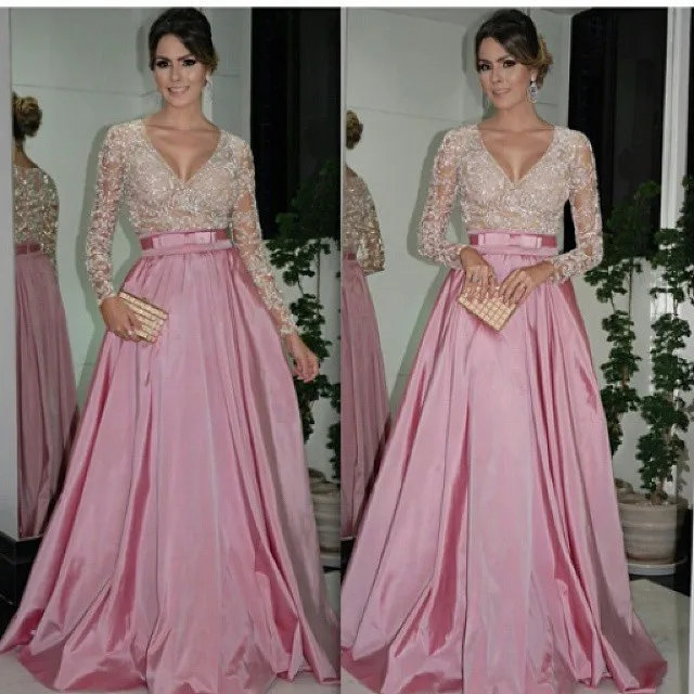 Elegante V-hals Sheer Lijfje Lange Mouwen Lace Kralen Sash Bow EEN Lijn Roze Lange Avondjurken 2019 robe de soiree avondjurk Elegante V-hals Sheer Lijfje Lange Mouwen Lace Kralen Sash Bow EEN Lijn Roze Lange Avondjurken 2019 robe de soiree avondjurk