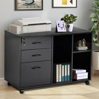 

Home Office File Cabinet, Wooden File Storage Cabinet with Lock Storage Shelves Movable File Organizer Cabinet with Wheels