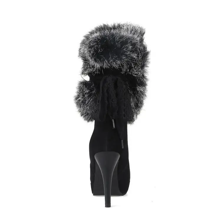 Mid-calf Boots Women SuperHigh Heel Winter Red Snow Black Short Plush Platform Fashion Ladies Round Toe Slip-on Nubuck Feather