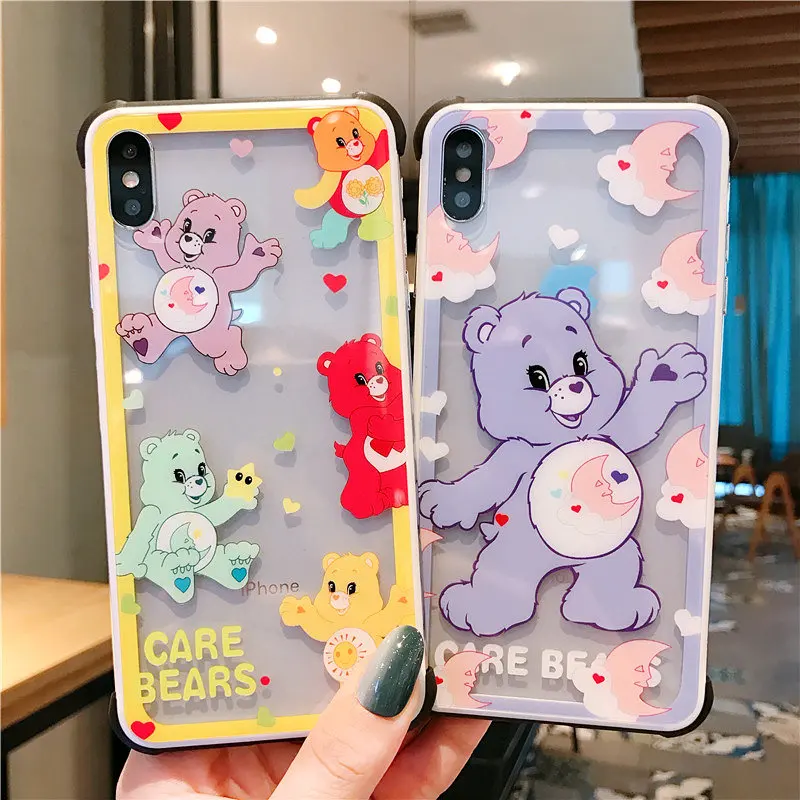 

Cute Candy Rainbow Care bear Frameless tempered glass case For iphone X XS MAX XR 7 8 plus Cartoon Clear phone back cover coque