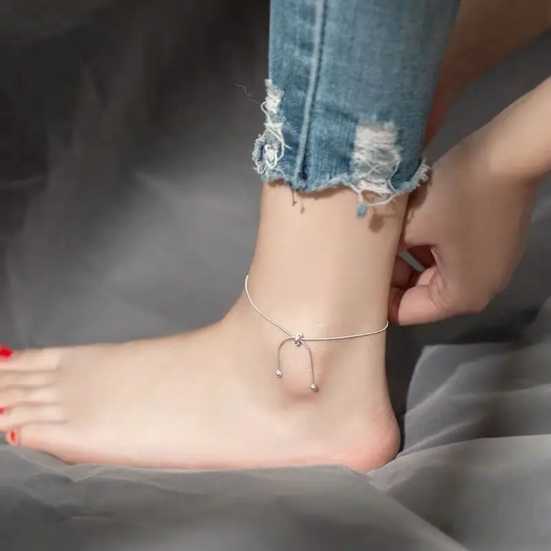 Fashion Fine Jewelry 925 Sterling Silver Snake Chain Bow Knot Anklets Adjustable Women Cute Accessories