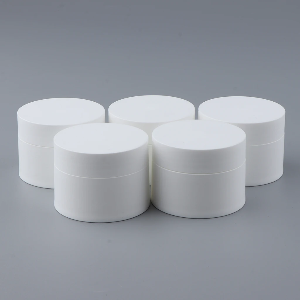 5 Count White Low Profile Jars Plastic Empty Cosmetic Containers Screw Caps for Powder, Body Cream, Lotion, Sugar Scrubs