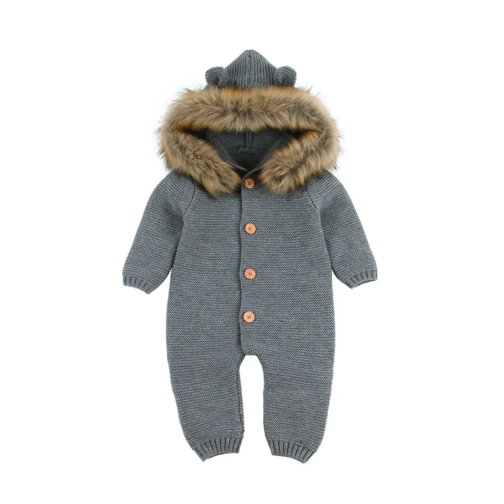 Winter Warm Children's Overalls Boys Clothes Bear Knitted Newborn Baby Rompers Hooded Full Sleeves Infant Girl Jumpsuits Outfits