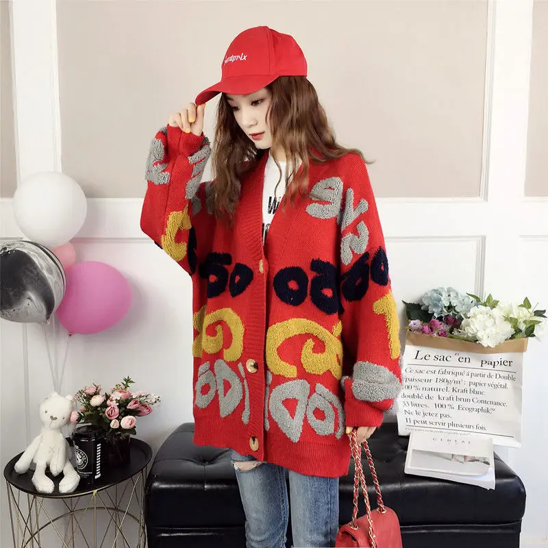 

VANGULL Women Letter Print Knit Sweater 2019 Spring Autumn New Korean Long Sleeve Single Breasted Thick Loose Cardigans