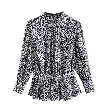 

2019 New Fashion Retro Lady Leopard Print Long Sleeve Shirt Loose Office Lady Pullover Top Turtleneck Lady Belt Chiffon Shirt