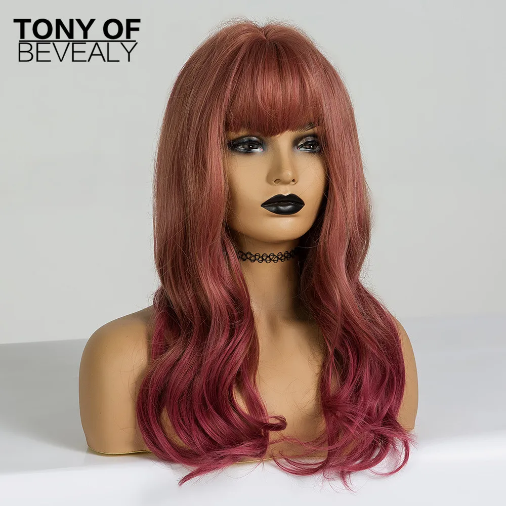 Long Wavy Heat Resistant Synthetic Hair Wigs With Bangs Red Ombre Hair For Women African American Cosplay Natural Hair Wigs