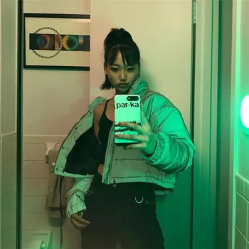 

Gray Shiny Winter Women Cotton Coats Two Length Luminous Thicken Warm Outerwear Fashion Ladies Overcoat J02