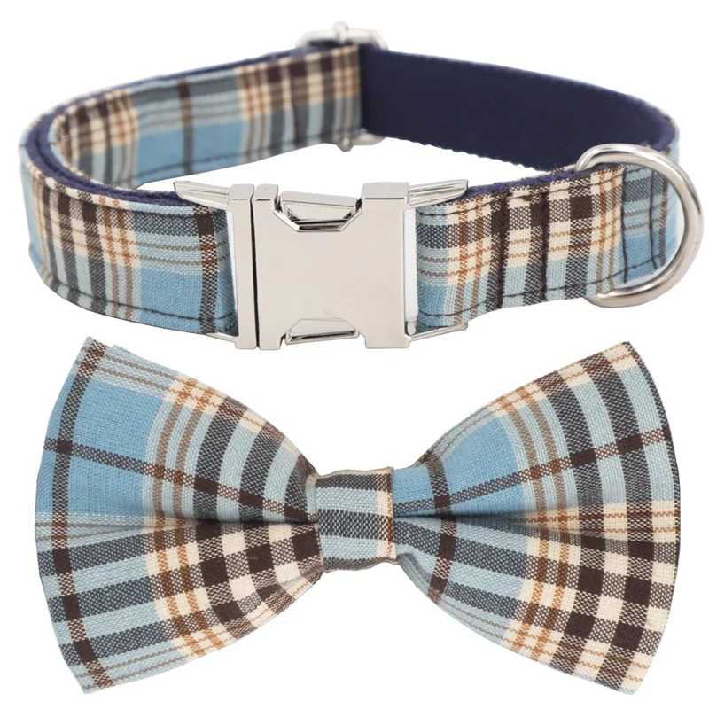 collar with bow Синий клетчатый ошейник с галстуком-бабочкой для собаки, подходит для 5 размеров на выбор, лучший свадебный ошейник для собаки, подарки для вашего питомца - Цвет: collar with bow