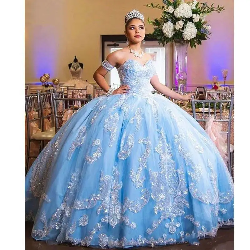 

H quinceanera dresses Blue Sweetheart Offer The Shoulder Lace Appliques Ball Gown Sweep Train Luxury Princess Hot Sale vestidos