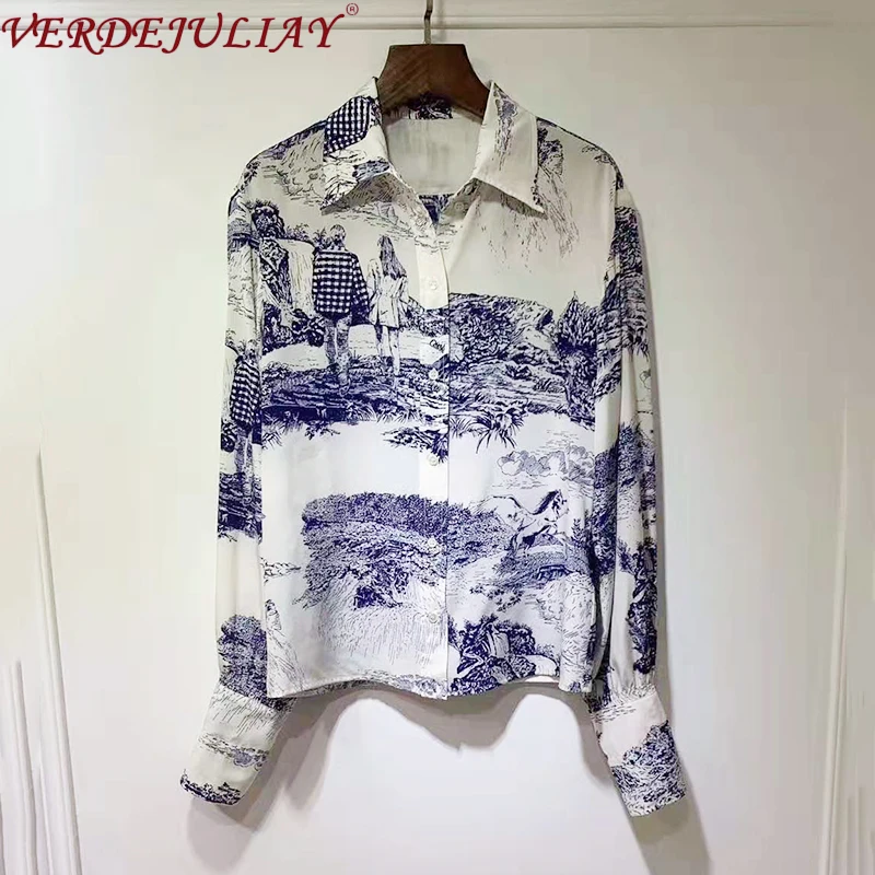 

VERDEJULIAY 2020 Spring New Fashion Runway Print Blouse Luxury Pure Silk High Quality European High Street Romantic Shirt