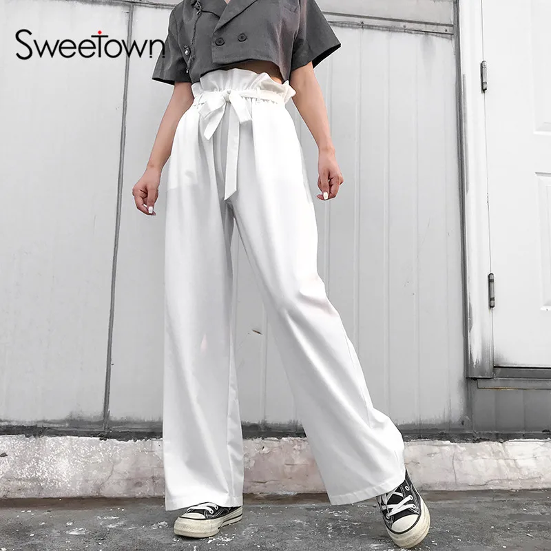 Sweetown Белые Повседневные свободные широкие брюки с поясом с оборками с высокой талией длинные брюки женские корейские уличные мешковатые