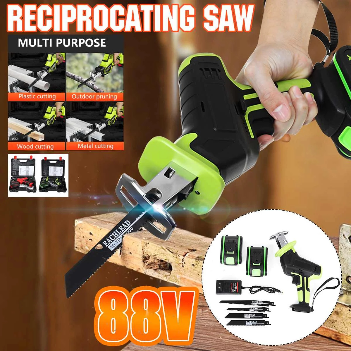 

Drillrpro 88V Cordless Reciprocating Saw +4 Saw blades Metal Cutting Wood Tool Portable Metal Woodworking Cutters w/2 Battery