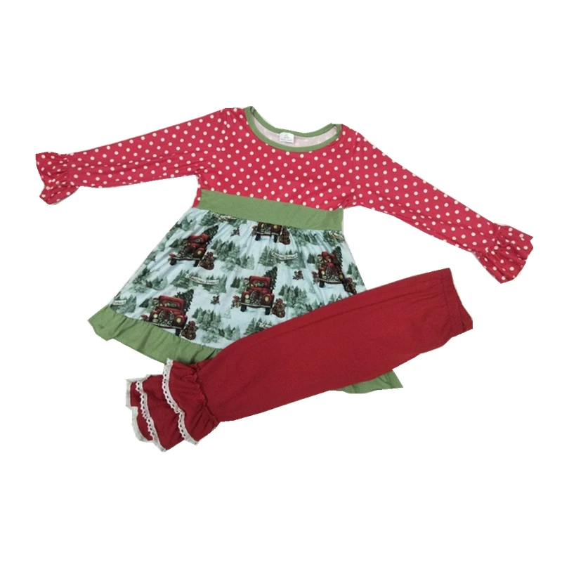 

Christmas style tractor print polka tunic red cotton legging girl boutique outfits
