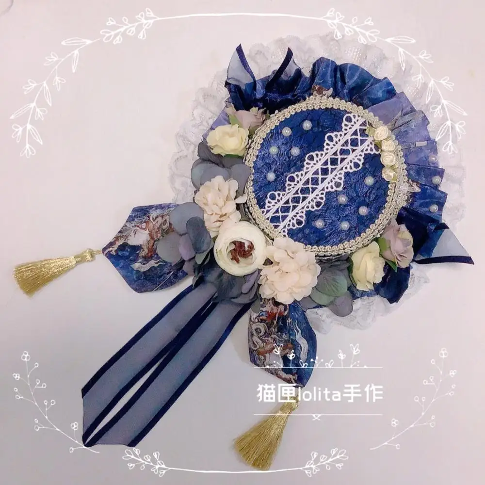 

lolita Sweet Vintage Gorgeous Handmade custom Small Top hat Lace Bowknot Ribbon voyageNavy Blue Flat hat Tea Party Cosplay Props