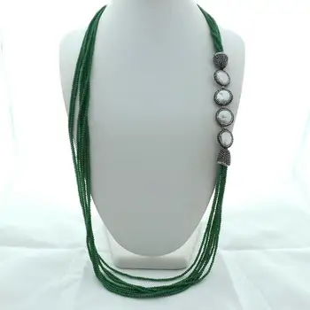 

K111702 37" 7Strands faceted rondelle 4mm Green Crystal White Coin freshwater Pearl long Necklace sweater chain necklace