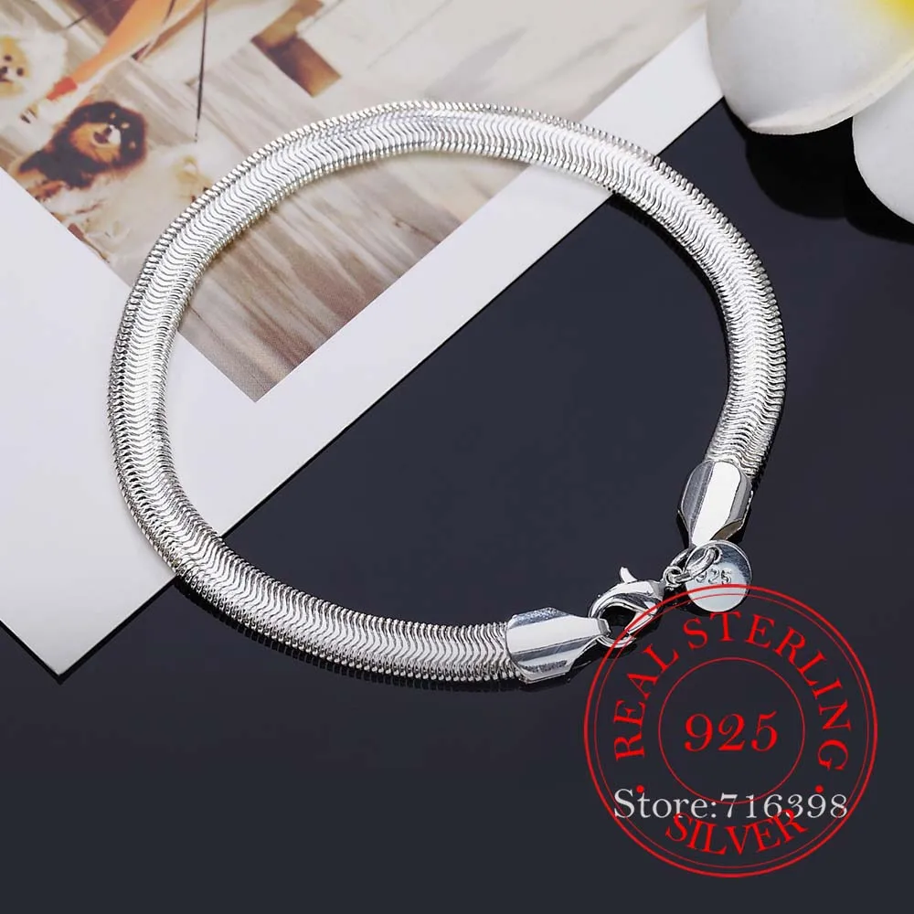 925 Sterling Silver Jewelry Set 6MM Flat Soft Snake Bone Chain Necklace Bracelet For Women Men Two-pieces Set Bijoux jewelry set silver jewelry silver jewelry set