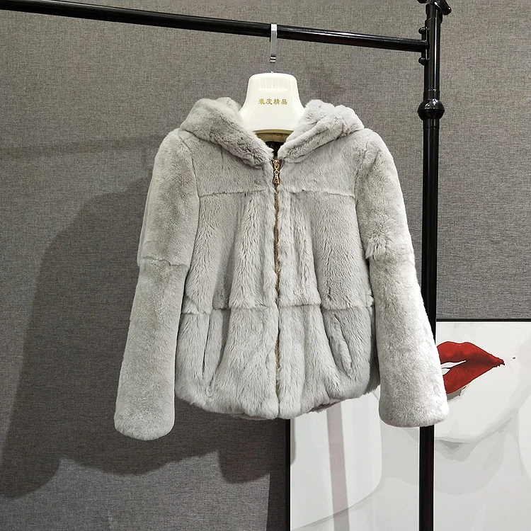 Натуральный настоящий мех кролика пальто из цельной кожи меховая одежда женская зимняя короткая куртка с капюшоном верхняя одежда с длинными рукавами однотонное пальто