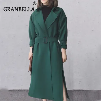

2019 Warm Fashion New Fat Mm Sleeve Trench Coat With Belt Solid Color Lapel Long Windbreaker Pockets For Female Coats