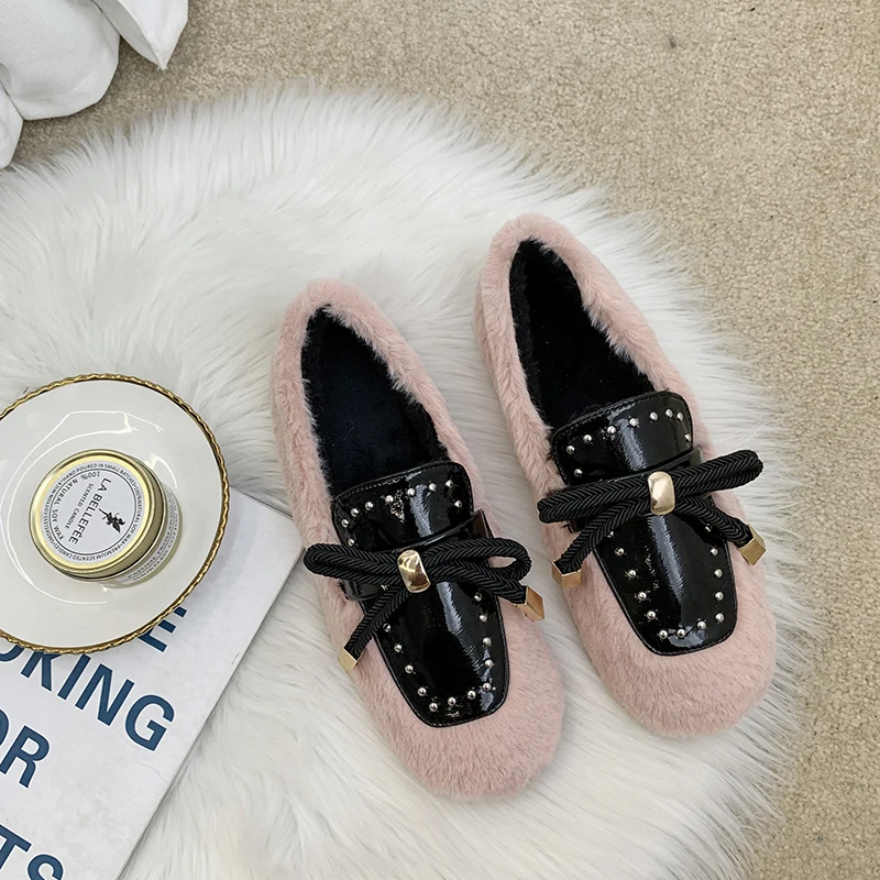 

Fleece single shoes women winter wear 2019 fashion net red plus velvet warm cotton shoes wild bow color matching beanie shoes
