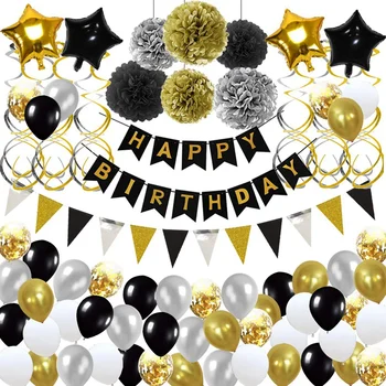 

Birthday Decorations Balloons Gold and Black Happy Birthday Banner Hanging Swirls Party Decor