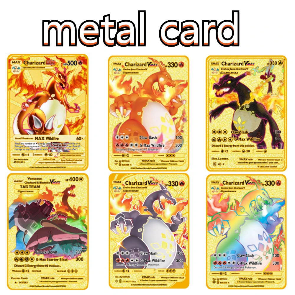 Pokemon Iron Shiny Cards English Charizard Mewtwo Pikachu Metal Cards Vmax Metal Gold Pack Game Collection Cards Gift Kids