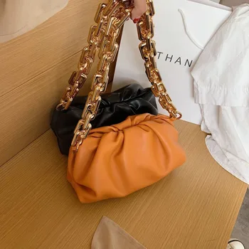 

Niche personality cloud bag 2020 solid color dumpling bag leather female bag European and American style metal chain bag