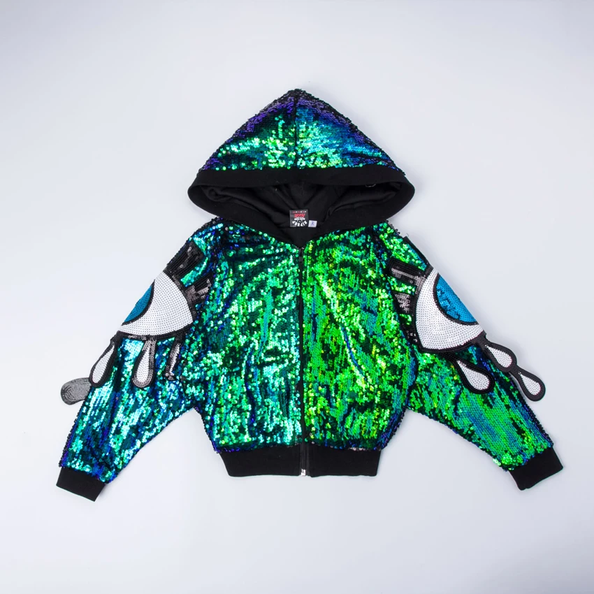 Korean Style Fancy Kids Student Girls Ballroom Jazz Dance Costumes Hip Hop Street Wear Big Eyes Sequin Jacket Clothing Set