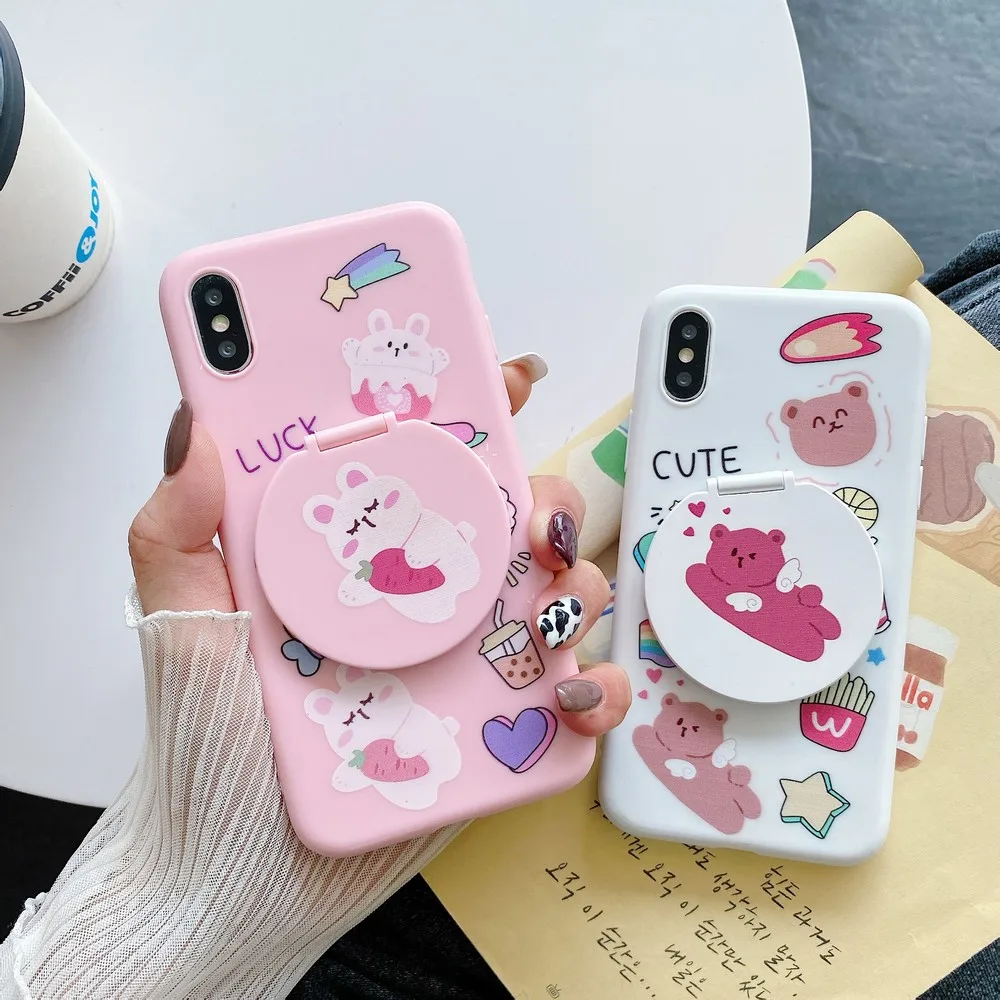 

Cartoon little bear wearing makeup mirror phone case for IPhone 12 mini 11 12 Pro XR X XS Max 6 6S 7 8 plus for women back cover