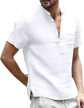 T shirt en lin à manches courtes pour hommes, haut d'été décontracté à col avec poches, coupe régulière