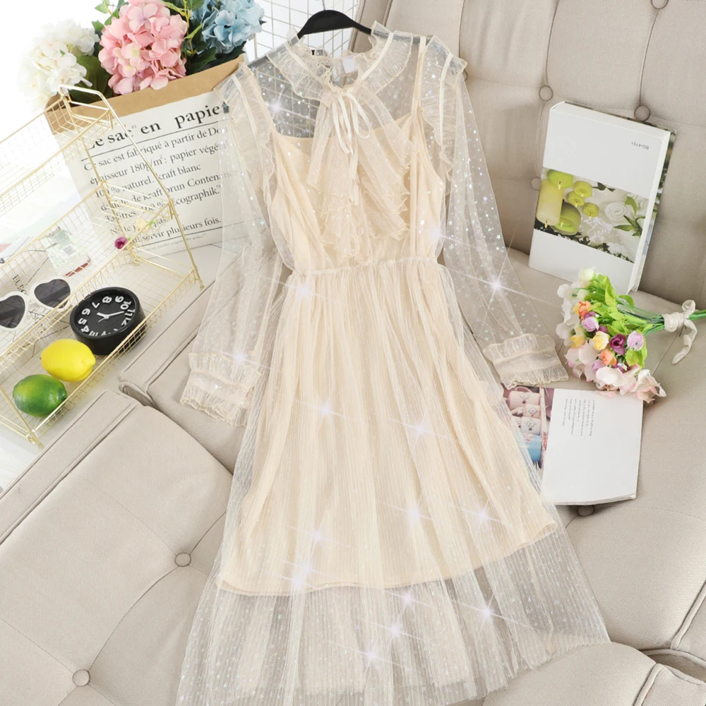 Women Dress Новое Женское плиссированное платье с расклешенными рукавами, на пуговицах, с оборками, эластичное тонкое плиссированное платье со звездами, с блестками, кружевной пуловер, Сетчатое газовое платье миди - Цвет: Women Dress