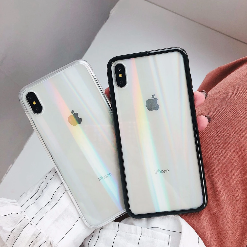 100 Чехол с градиентным лазерным стеклом Aurora для iPhone XS MAX XR X, тонкая прозрачная Задняя стеклянная крышка для iPhone XS Max 6 7 8 Plus