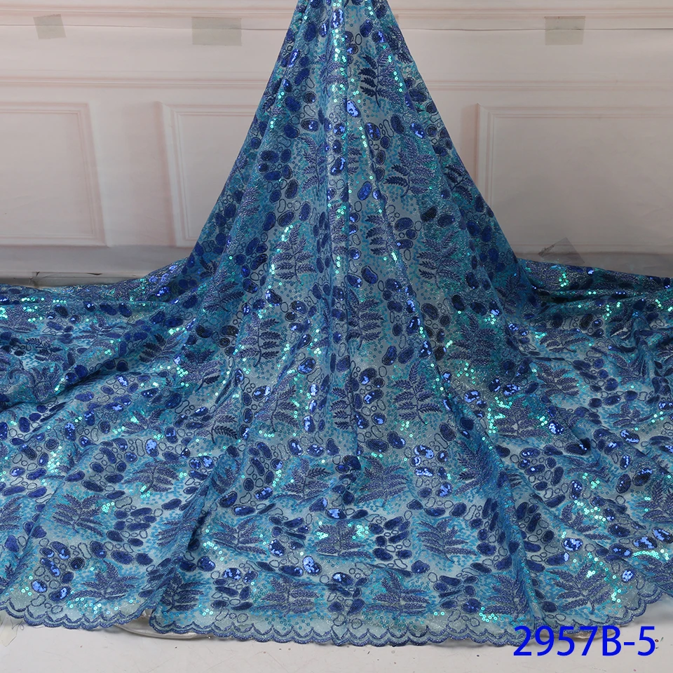 

Blue Color Organza Fabric Sequence Lace Fabrics High Quality French Mesh Lace Fabric Sequins Lace Nigerian Organza Lace APW2957B
