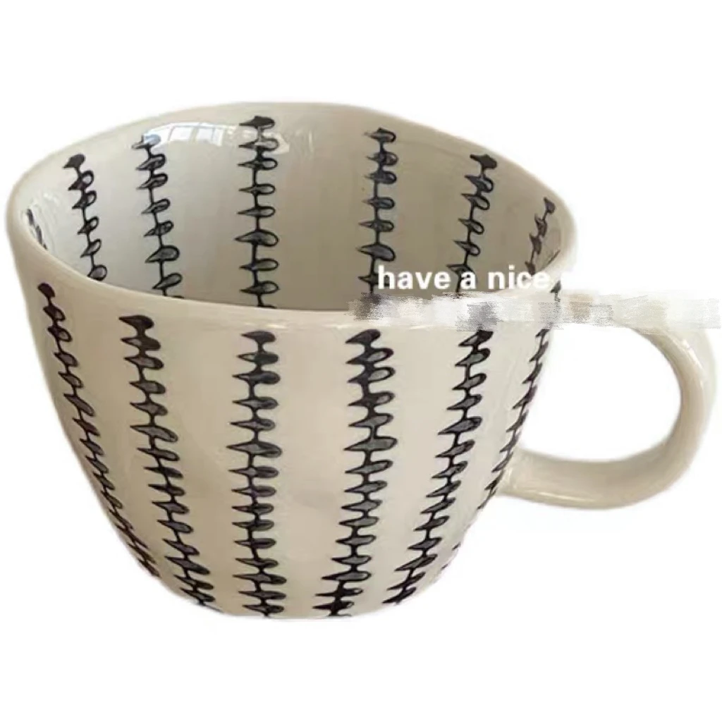 

Ins Retro Hand-pinched Irregular Mug With Black Dotted Line Ceramic Breakfast Cereal Milk Mug Niche Nice-looking