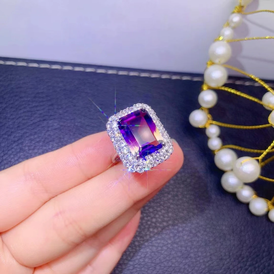 Fine Jewelry 925 Sterling Silver Inset With Gemstone Women's Luxury Vintage Rectangle Ametrine Adjustable Ring Support Detection