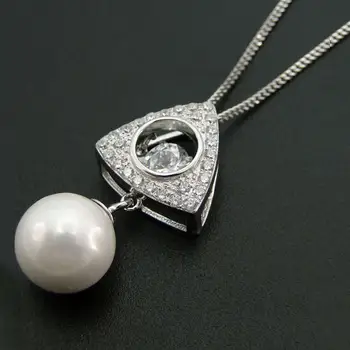 

925 Sterling Silver Moving Jewelry Dancing Diamond Moving CZ & Natural Freshwater Pearl Pendant Necklace For Gift