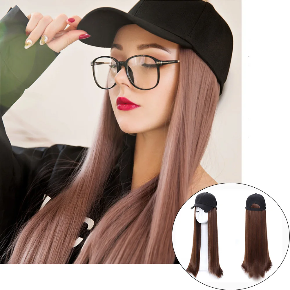 

Alororo Long Hair Wigs Cap for Women 24inch Black/Brown High Temperature Fiber Synthetic Wigs With Hat Party Cute Girl Fake Hair