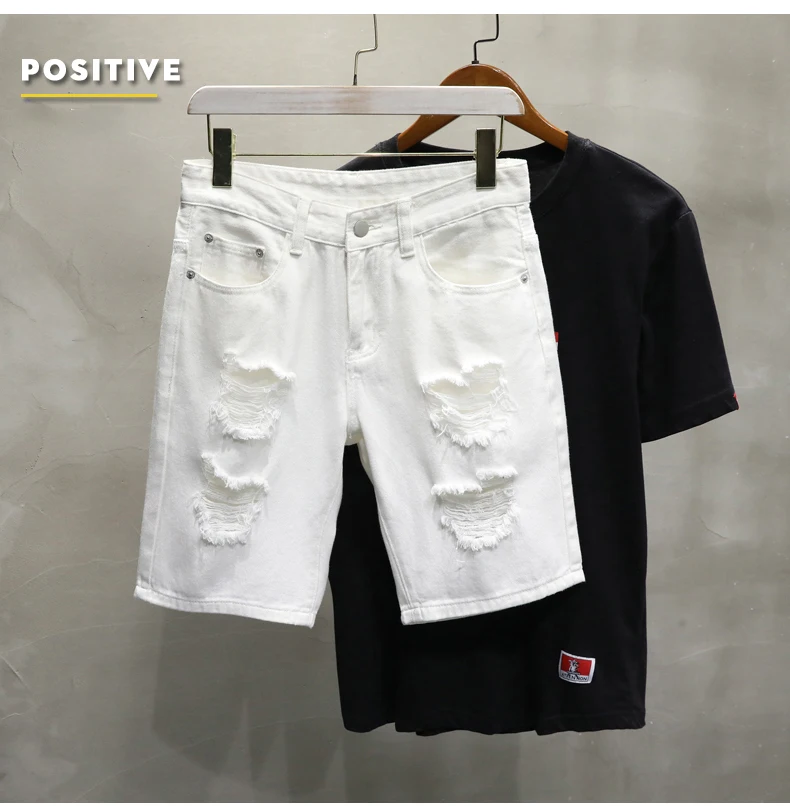 Men Clothing Summer Ripped Hole White 